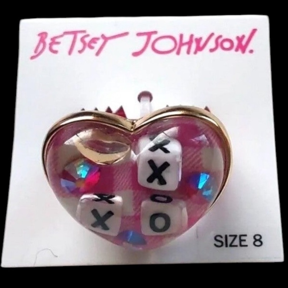 BETSEY JOHNSON Heart-Shaped Plaid XOX & Crystal Accents Dome Ring Size 8 NEW NWT